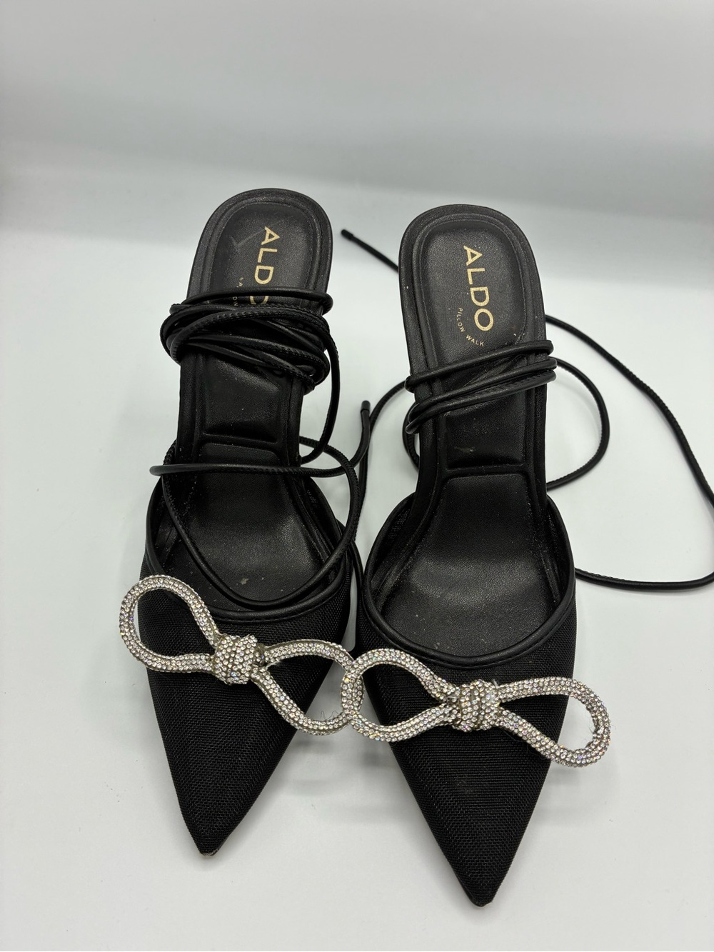 ALDO Black Pointed Toe Lace-Up Mules with Rhinestone Bow